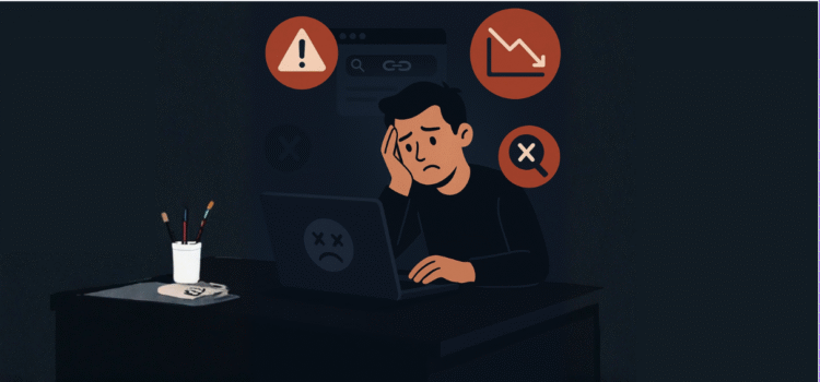 Animerad bild på en förvirrad SEO-konsult vid en dator