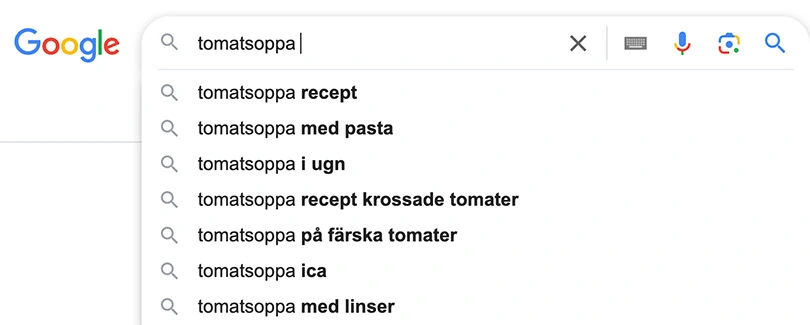 Exempel på Google suggest för sökfrasen tomatsoppa