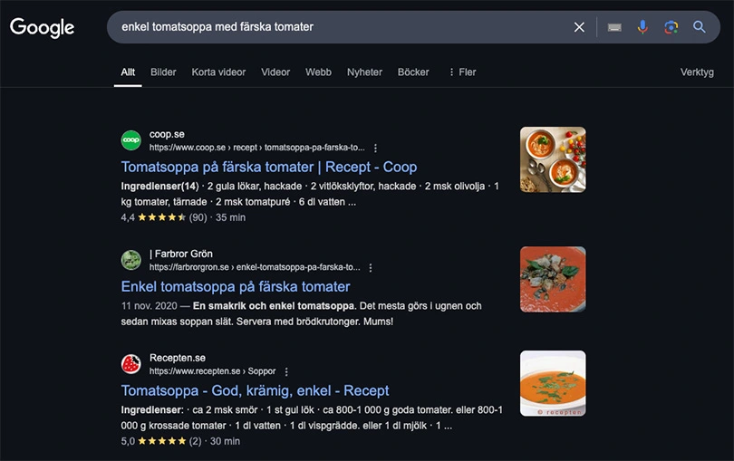 Sökresultat på Google för enkel tomatsoppa