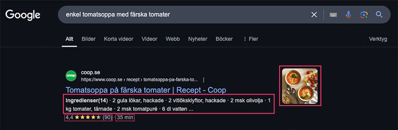 Avancerade utdrag (rich snippet) i Googles SERP